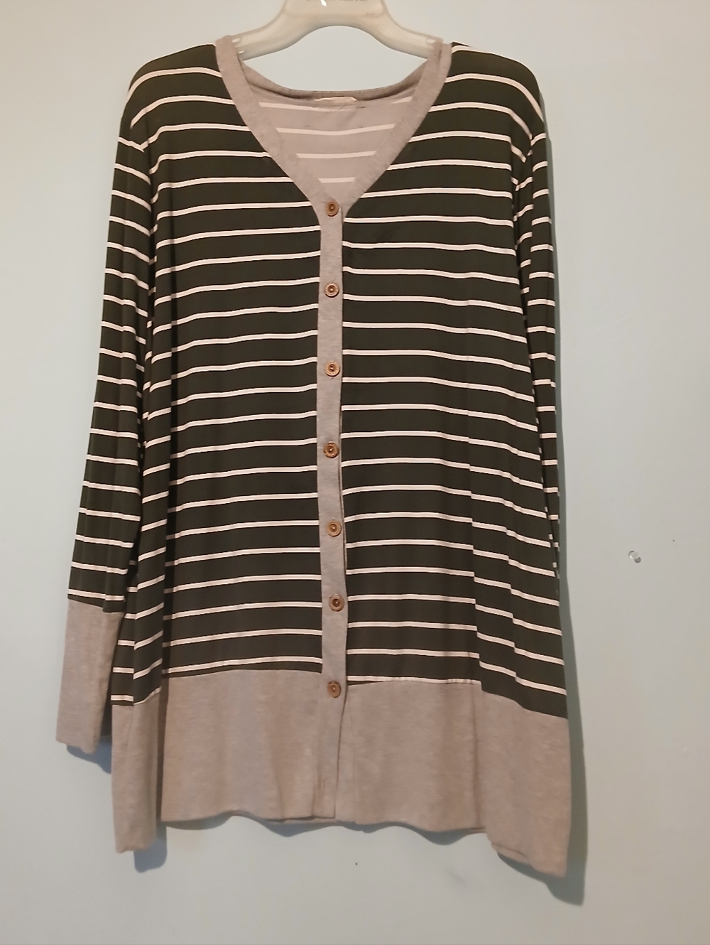 Striped V-Neck Button Cardigan Sweater in Olive and Cream